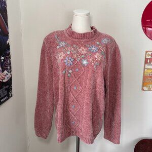Alfred Dunner Retro- Style Soft Pink Floral Embroidered Crewneck Sweater
